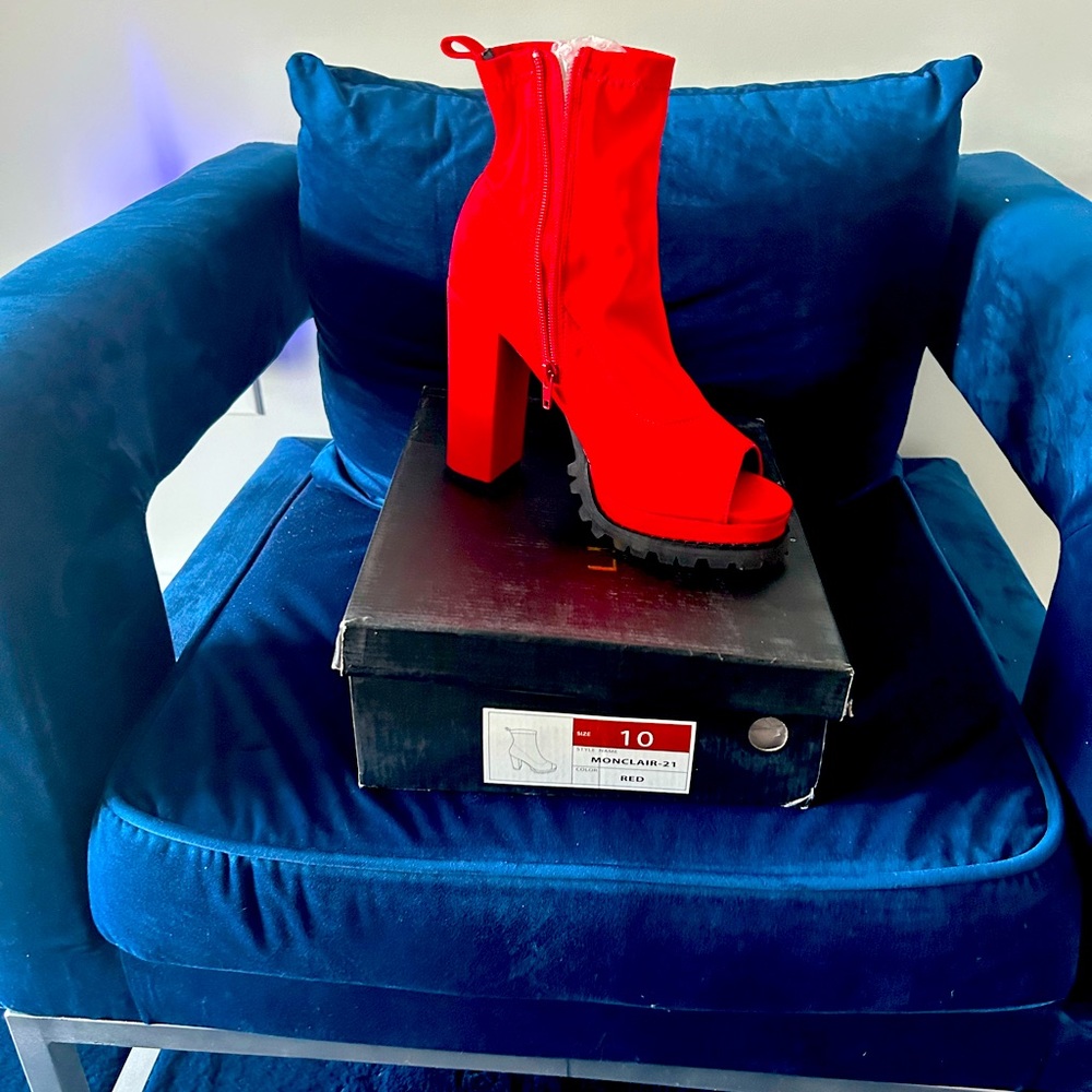 Red satin peep toe ankle boot